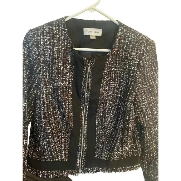 Calvin Klein tweed metallic wool blend zip up blazer jacket size 12 - Picture 2 of 8